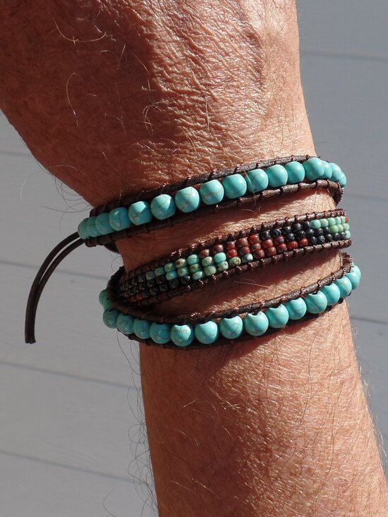 Handmade Jewelry - Howlite Turquoise STONE Bracelet Seed Bead Wrap NWOT BLUE HEART CLASP